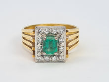 Load image into Gallery viewer, 9033: Vintage; 18ct Gold Emerald Cut Emerald 12 Diamonds Square Set Cocktail Ring. very fine example.
