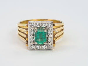 9033: Vintage; 18ct Gold Emerald Cut Emerald 12 Diamonds Square Set Cocktail Ring. very fine example.