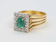 Load image into Gallery viewer, 9033: Vintage; 18ct Gold Emerald Cut Emerald 12 Diamonds Square Set Cocktail Ring. very fine example.
