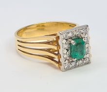 Load image into Gallery viewer, 9033: Vintage; 18ct Gold Emerald Cut Emerald 12 Diamonds Square Set Cocktail Ring. very fine example.
