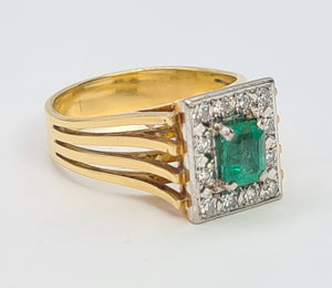 9033: Vintage; 18ct Gold Emerald Cut Emerald 12 Diamonds Square Set Cocktail Ring. very fine example.