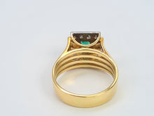 Load image into Gallery viewer, 9033: Vintage; 18ct Gold Emerald Cut Emerald 12 Diamonds Square Set Cocktail Ring. very fine example.
