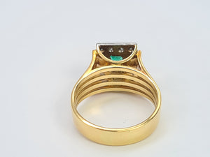 9033: Vintage; 18ct Gold Emerald Cut Emerald 12 Diamonds Square Set Cocktail Ring. very fine example.