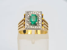 Load image into Gallery viewer, 9033: Vintage; 18ct Gold Emerald Cut Emerald 12 Diamonds Square Set Cocktail Ring. very fine example.
