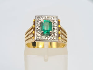 9033: Vintage; 18ct Gold Emerald Cut Emerald 12 Diamonds Square Set Cocktail Ring. very fine example.