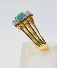 Load image into Gallery viewer, 9033: Vintage; 18ct Gold Emerald Cut Emerald 12 Diamonds Square Set Cocktail Ring. very fine example.
