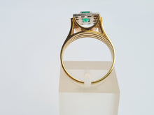 Load image into Gallery viewer, 9033: Vintage; 18ct Gold Emerald Cut Emerald 12 Diamonds Square Set Cocktail Ring. very fine example.
