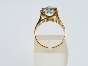 9033: Vintage; 18ct Gold Emerald Cut Emerald 12 Diamonds Square Set Cocktail Ring. very fine example.