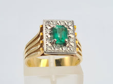 Load image into Gallery viewer, 9033: Vintage; 18ct Gold Emerald Cut Emerald 12 Diamonds Square Set Cocktail Ring. very fine example.
