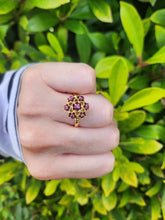 Load image into Gallery viewer, 7476: Vintage; 18ct Gold 7 Rubies Floral Cluster Cocktail Ring- geometric set
