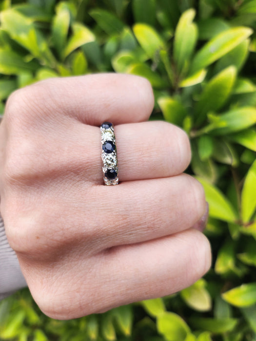 6087- Vintage: Exceptional 18ct White Gold Diamonds (0.75ct) Sapphires Half Eternity Ring - superb