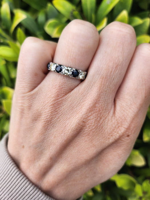 6087- Vintage: Exceptional 18ct White Gold Diamonds (0.75ct) Sapphires Half Eternity Ring - superb