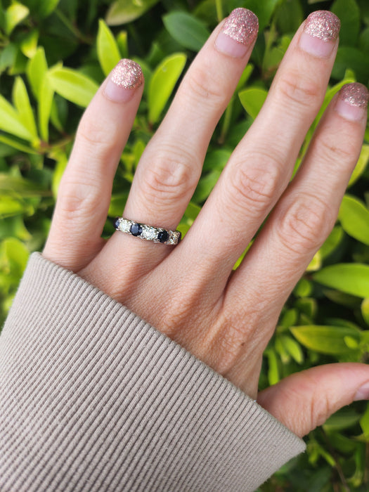 6087- Vintage: Exceptional 18ct White Gold Diamonds (0.75ct) Sapphires Half Eternity Ring - superb