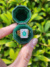 Load image into Gallery viewer, 9033: Vintage; 18ct Gold Emerald Cut Emerald 12 Diamonds Square Set Cocktail Ring. very fine example.
