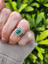 Load image into Gallery viewer, 9033: Vintage; 18ct Gold Emerald Cut Emerald 12 Diamonds Square Set Cocktail Ring. very fine example.
