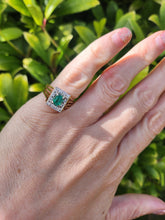 Load image into Gallery viewer, 9033: Vintage; 18ct Gold Emerald Cut Emerald 12 Diamonds Square Set Cocktail Ring. very fine example.
