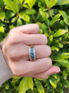 7551: Vintage: 9ct Gold 5 Swiss Blue Topaz 18 Diamonds Cocktail Ring- lovely combination, crisp eye candy