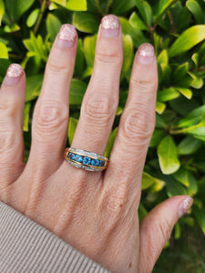 7551: Vintage: 9ct Gold 5 Swiss Blue Topaz 18 Diamonds Cocktail Ring- lovely combination, crisp eye candy