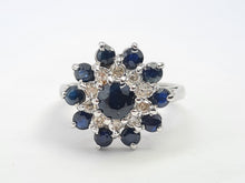 Load image into Gallery viewer, 7630: Vintage; 18ct White Gold 11 Blue Sapphires 10 Diamonds Cocktail Ring- lovely symmetry - substantial beauty
