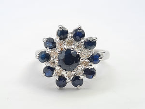 7630: Vintage; 18ct White Gold 11 Blue Sapphires 10 Diamonds Cocktail Ring- lovely symmetry - substantial beauty