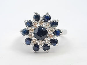 7630: Vintage; 18ct White Gold 11 Blue Sapphires 10 Diamonds Cocktail Ring- lovely symmetry - substantial beauty