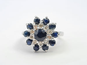 7630: Vintage; 18ct White Gold 11 Blue Sapphires 10 Diamonds Cocktail Ring- lovely symmetry - substantial beauty