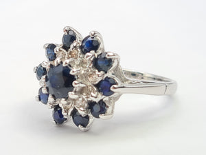 7630: Vintage; 18ct White Gold 11 Blue Sapphires 10 Diamonds Cocktail Ring- lovely symmetry - substantial beauty