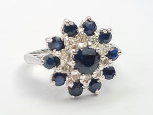 7630: Vintage; 18ct White Gold 11 Blue Sapphires 10 Diamonds Cocktail Ring- lovely symmetry - substantial beauty