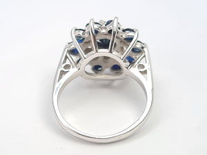 7630: Vintage; 18ct White Gold 11 Blue Sapphires 10 Diamonds Cocktail Ring- lovely symmetry - substantial beauty