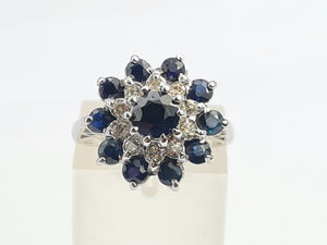 7630: Vintage; 18ct White Gold 11 Blue Sapphires 10 Diamonds Cocktail Ring- lovely symmetry - substantial beauty