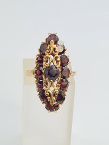 A7643: Antique: Art Deco 18ct Gold 13 Garnets Geometric Statement Ring- rich red hues