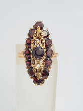 Load image into Gallery viewer, A7643: Antique: Art Deco 18ct Gold 13 Garnets Geometric Statement Ring- rich red hues
