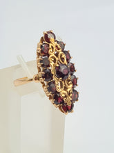 Load image into Gallery viewer, A7643: Antique: Art Deco 18ct Gold 13 Garnets Geometric Statement Ring- rich red hues
