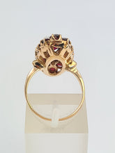 Load image into Gallery viewer, A7643: Antique: Art Deco 18ct Gold 13 Garnets Geometric Statement Ring- rich red hues
