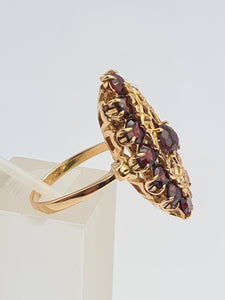 A7643: Antique: Art Deco 18ct Gold 13 Garnets Geometric Statement Ring- rich red hues