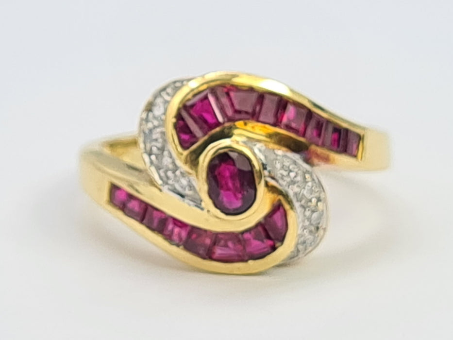 6215 Vintage: Striking 18ct Gold Ruby Baguette Cut Natural  Diamonds Cocktail Ring