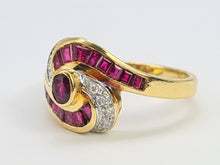 Load image into Gallery viewer, A7648: Vintage: Striking 18ct Gold Ruby Baguette Cut Diamonds Cocktail Ring- Mesmeric sparkle
