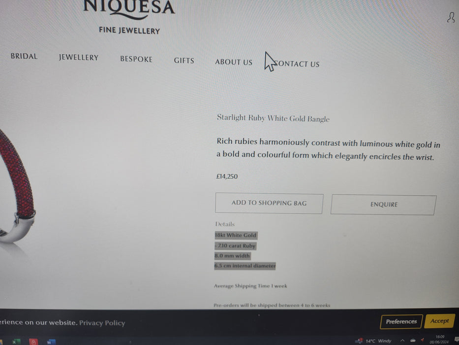 7658: Starlight Ruby White Gold Bangle by Niquesa London - 7.1ct Rubies