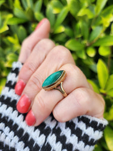 A7574:Vintage: (1969) 9ct Gold Green Marquise Malachite Ring- Hallmarked in London in 1969- FAB