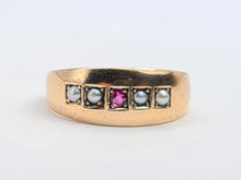 Load image into Gallery viewer, 3249: 15ct Gold Ruby Seed Pearls Ring- 133 years old Antique hallmarked in Chester, England in the year 1889
