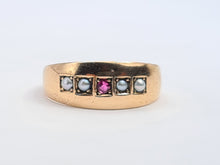 Load image into Gallery viewer, 3249: 15ct Gold Ruby Seed Pearls Ring- 133 years old Antique hallmarked in Chester, England in the year 1889
