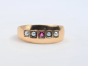 3249: 15ct Gold Ruby Seed Pearls Ring- 133 years old Antique hallmarked in Chester, England in the year 1889