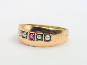 3249: 15ct Gold Ruby Seed Pearls Ring- 133 years old Antique hallmarked in Chester, England in the year 1889