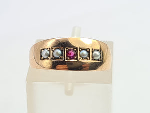 3249: 15ct Gold Ruby Seed Pearls Ring- 133 years old Antique hallmarked in Chester, England in the year 1889