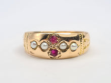 Load image into Gallery viewer, 3250: Antique 1890: 15ct Gold Rubies Pearls Dress Ring- 134 years old
