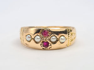 3250: Antique 1890: 15ct Gold Rubies Pearls Dress Ring- 134 years old