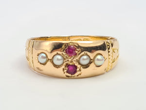 3250: Antique 1890: 15ct Gold Rubies Pearls Dress Ring- 134 years old