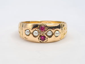 3250: Antique 1890: 15ct Gold Rubies Pearls Dress Ring- 134 years old