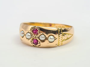 3250: Antique 1890: 15ct Gold Rubies Pearls Dress Ring- 134 years old