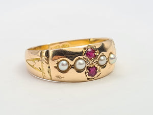 3250: Antique 1890: 15ct Gold Rubies Pearls Dress Ring- 134 years old